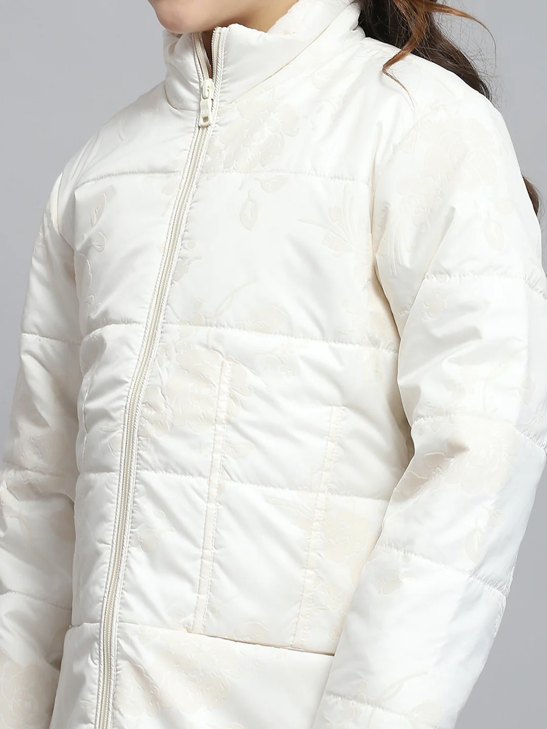 Girls Cream Self Design Mock Neck Full Sleeve Jacket - Image 7