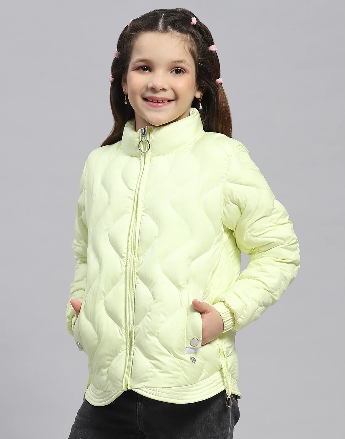 Girls Green Check Stand Collar Full Sleeve Girls Jacket - Image 3