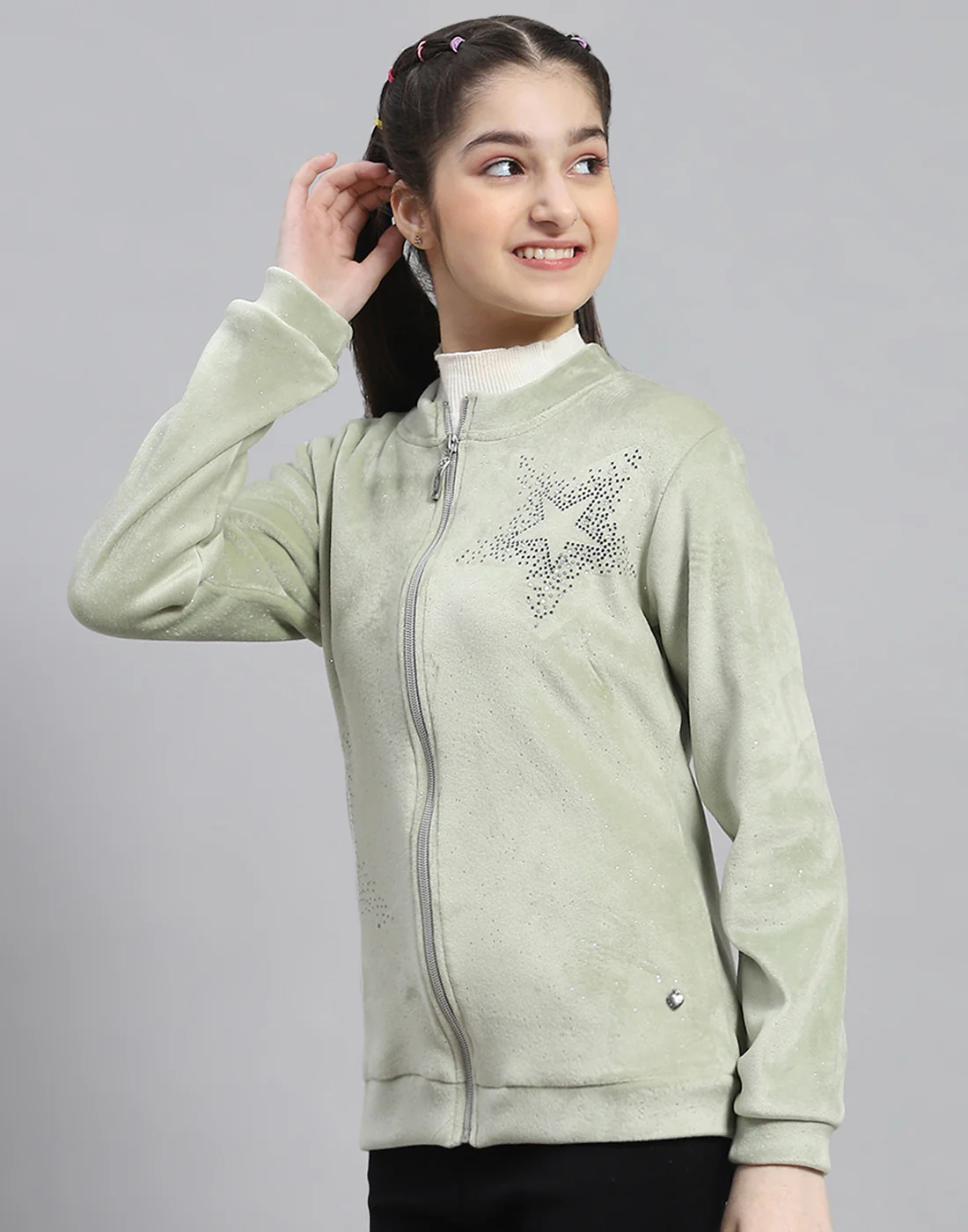 Girls Green Embellished Stand Collar Full Sleeve Sweatshirt - Image 3