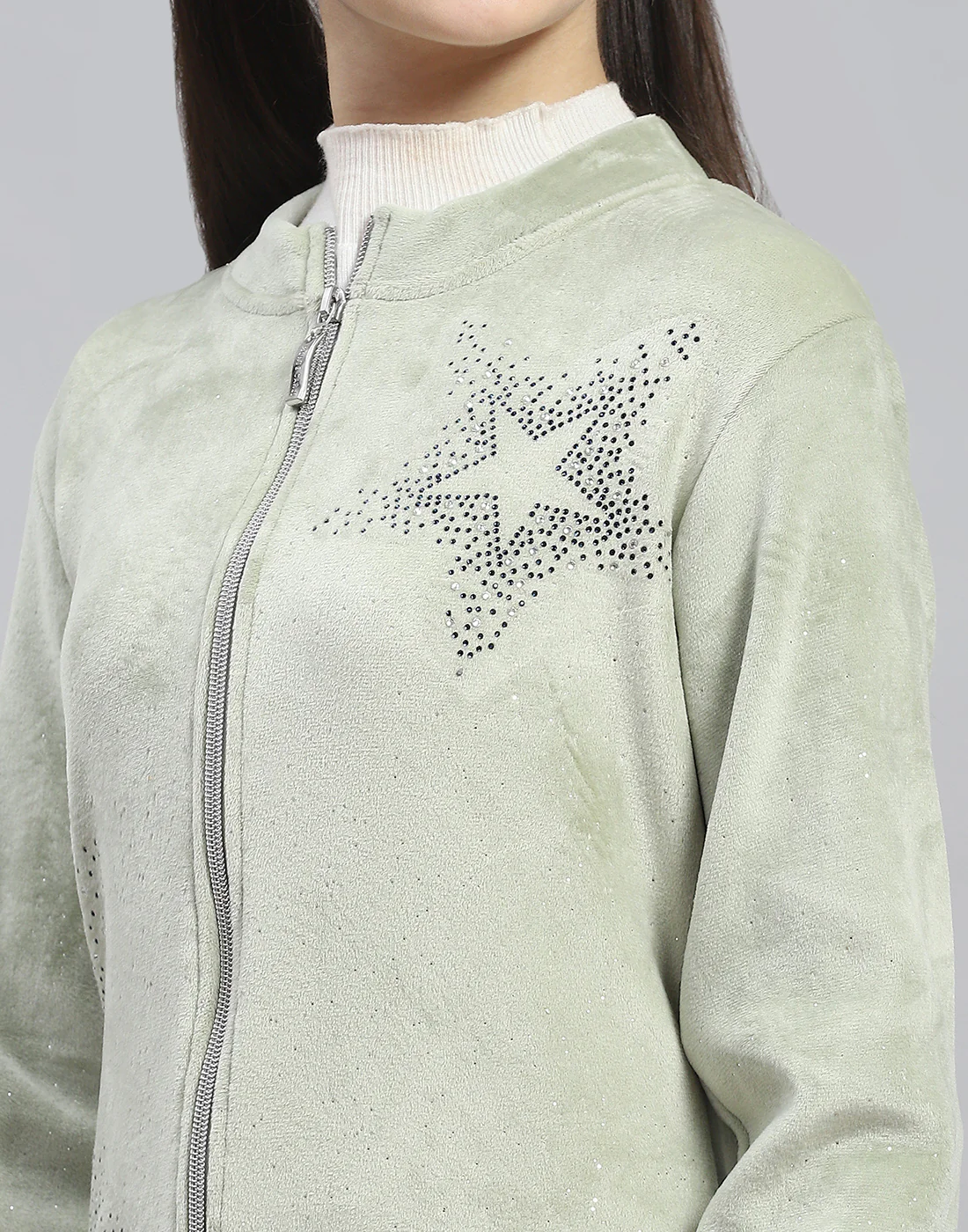 Girls Green Embellished Stand Collar Full Sleeve Sweatshirt - Image 6
