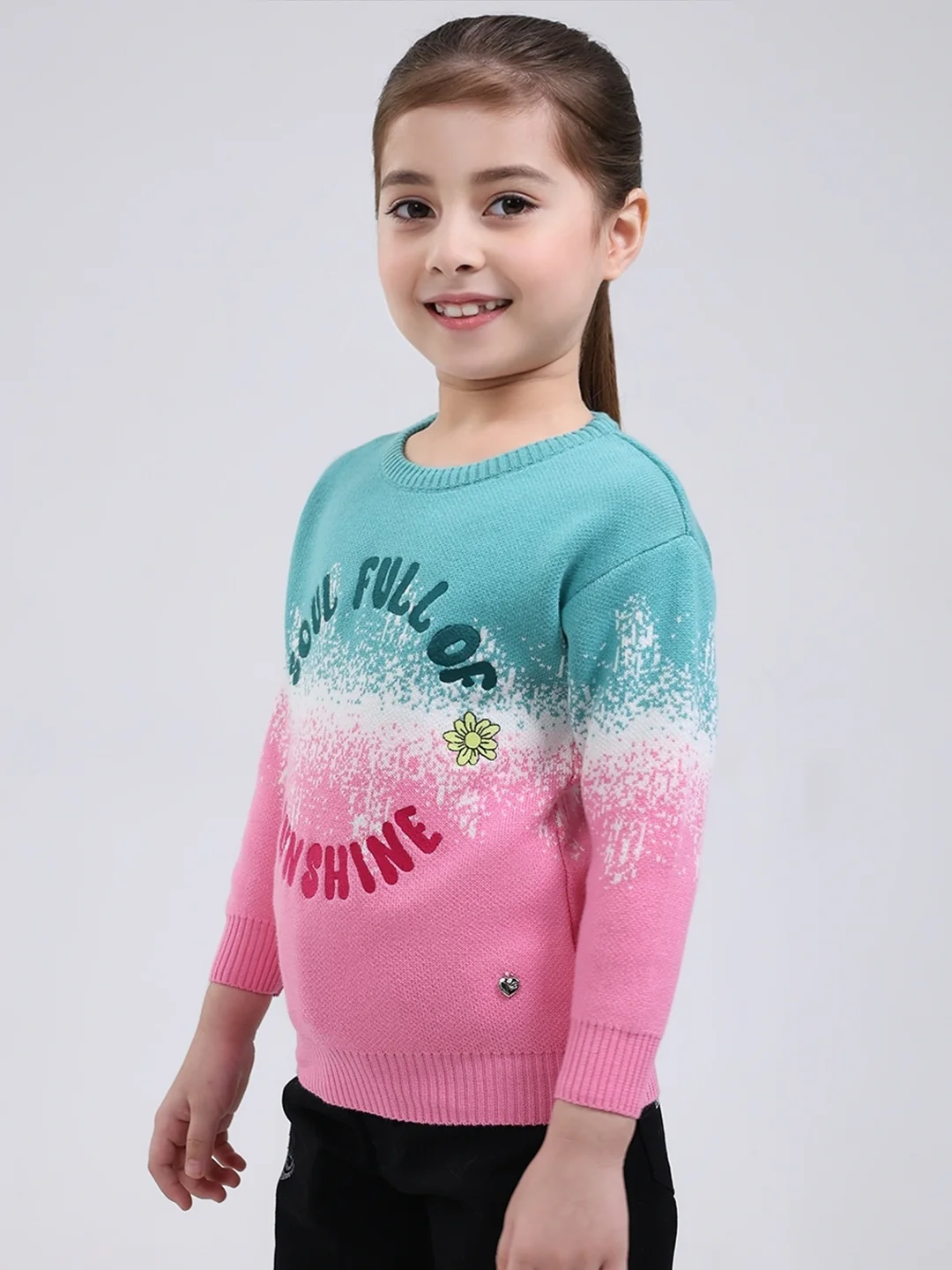 Girls Green Embroidered Round Neck Full Sleeve Pullover - Image 3