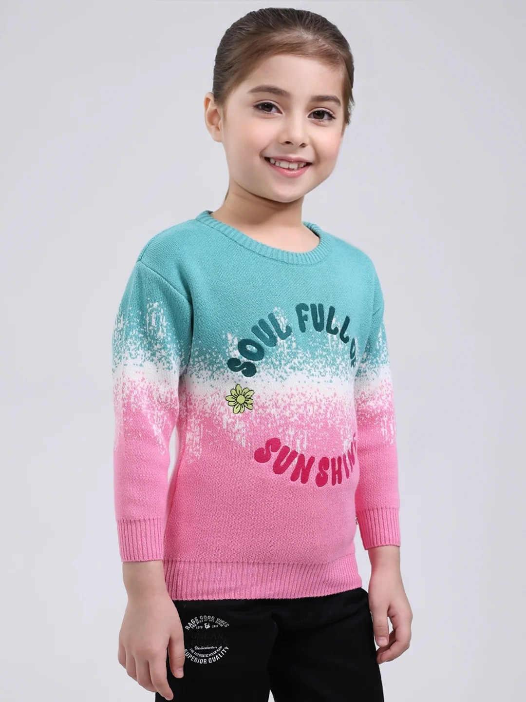 Girls Green Embroidered Round Neck Full Sleeve Pullover - Image 4
