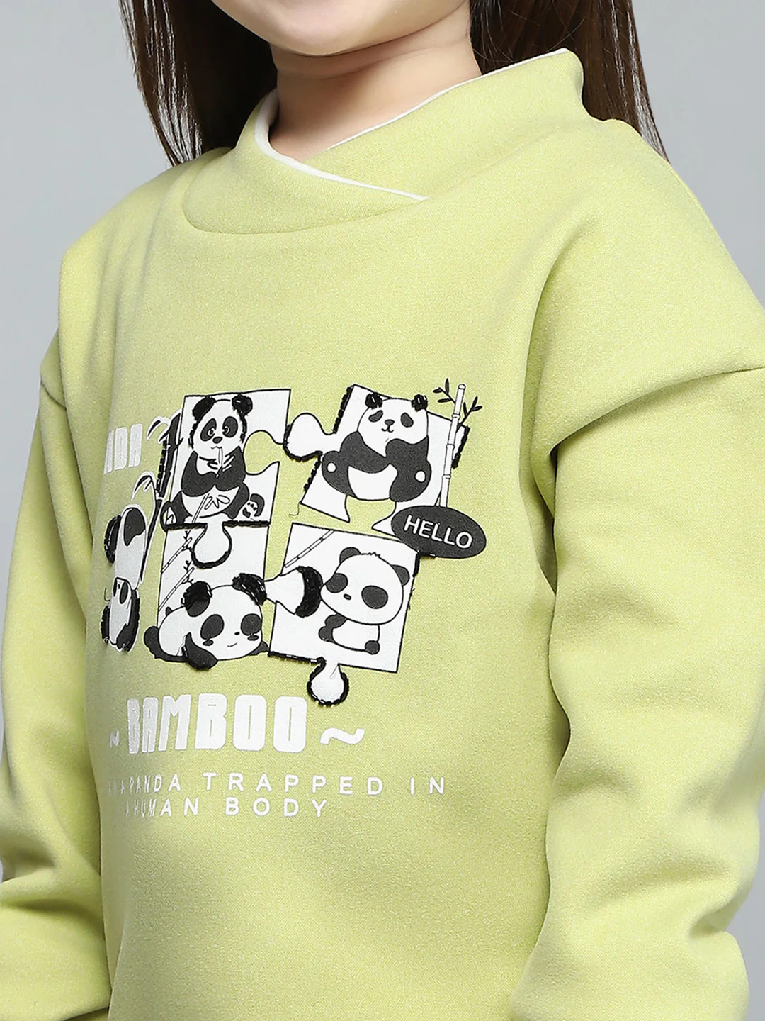 Girls Green Printed Band Collar Full Sleeve Sweatshirt - Image 6