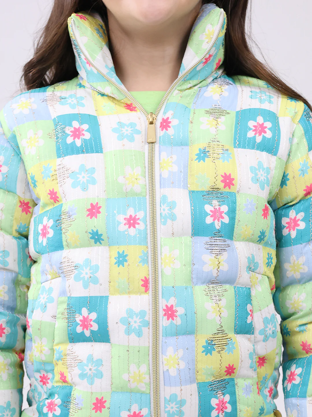 Girls Green Printed Collar Full Sleeve Jacket - Image 7