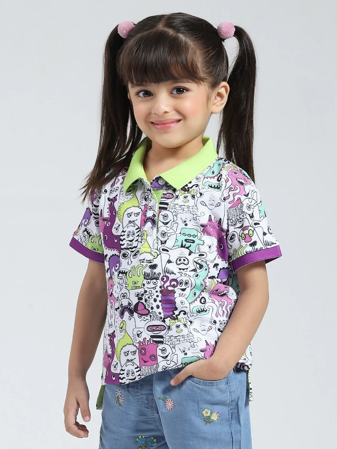 Girls Green Printed Collar Half Sleeve T-Shirt - Image 3