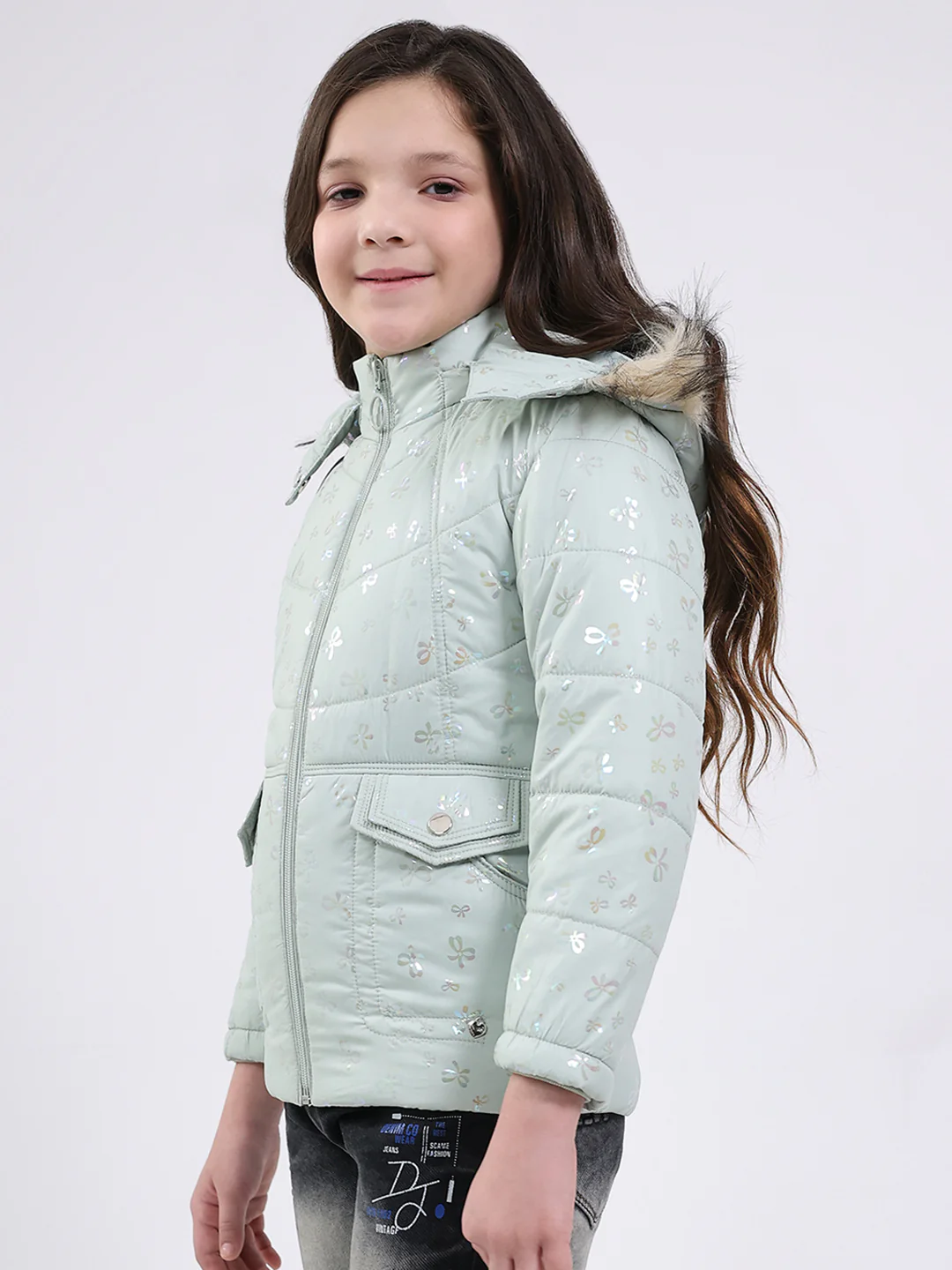 Girls Green Printed Hooded Full Sleeve Jacket - Image 3