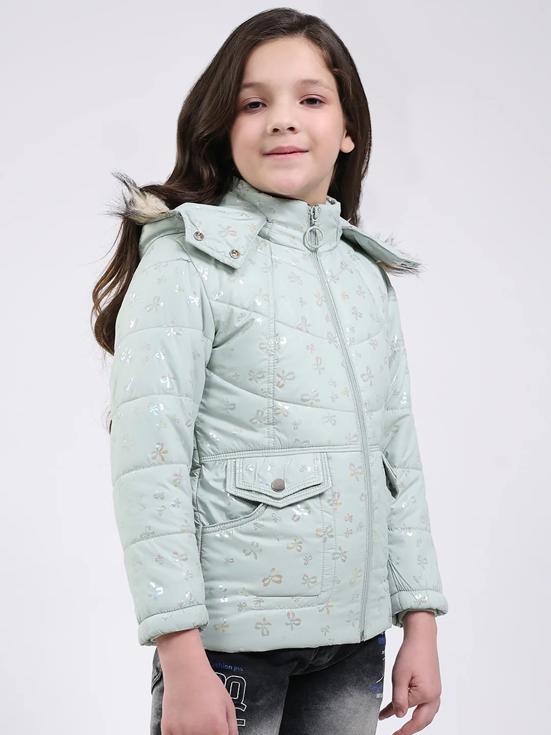 Girls Green Printed Hooded Full Sleeve Jacket - Image 4
