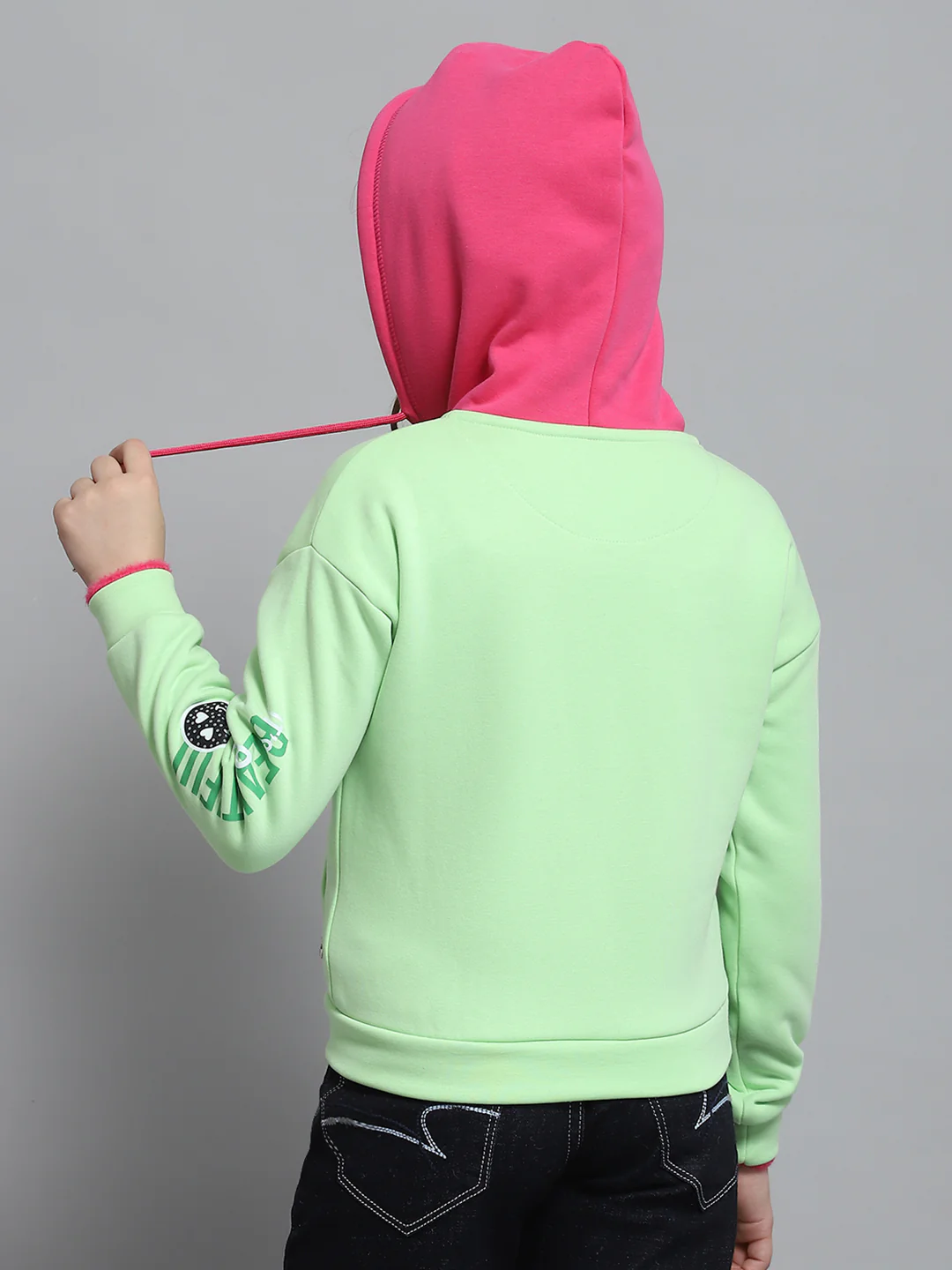 Girls Green Printed Hooded Full Sleeve Sweatshirt - Image 5