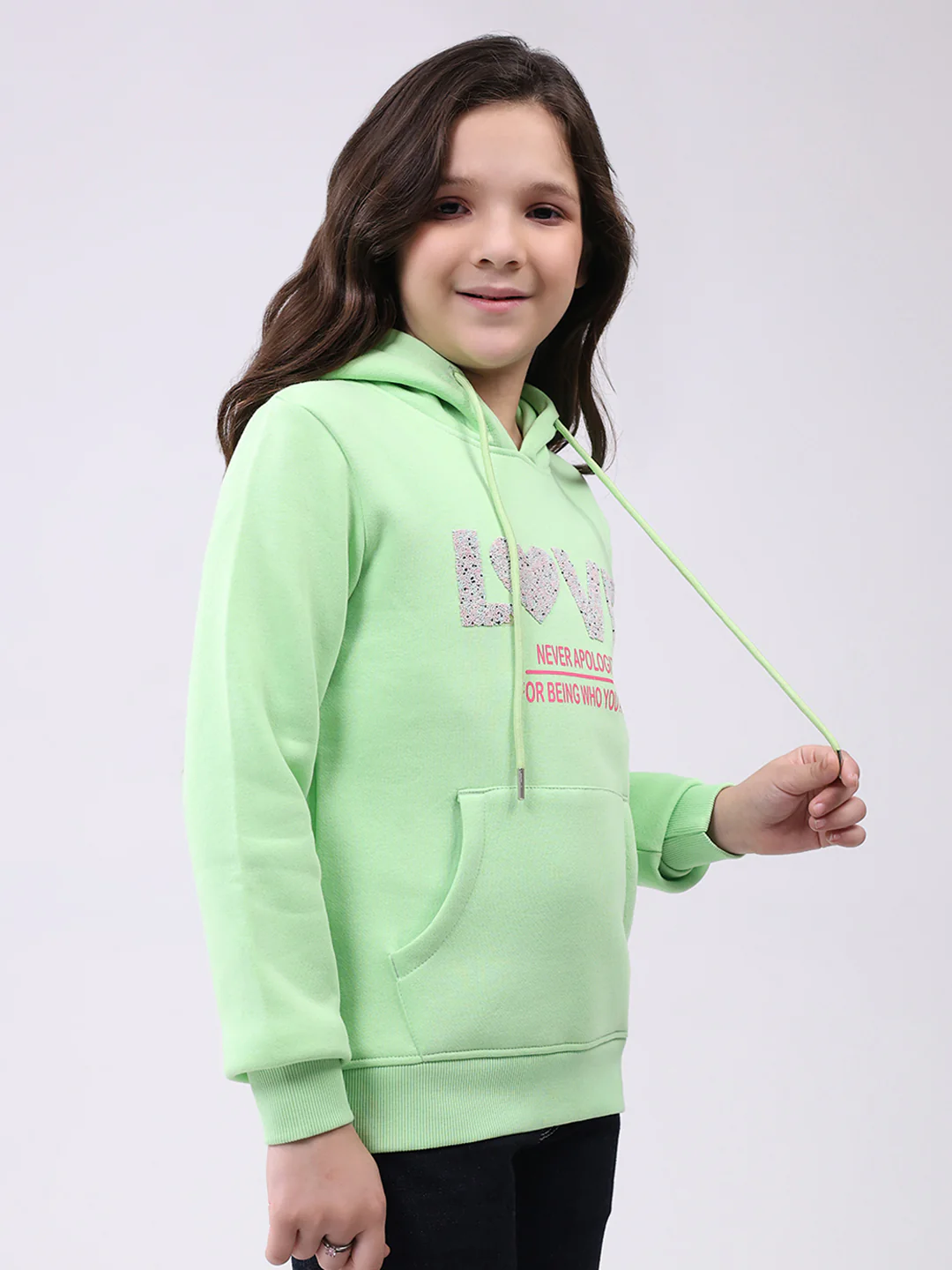Girls Green Printed Hooded Full Sleeve Sweatshirt - Image 4