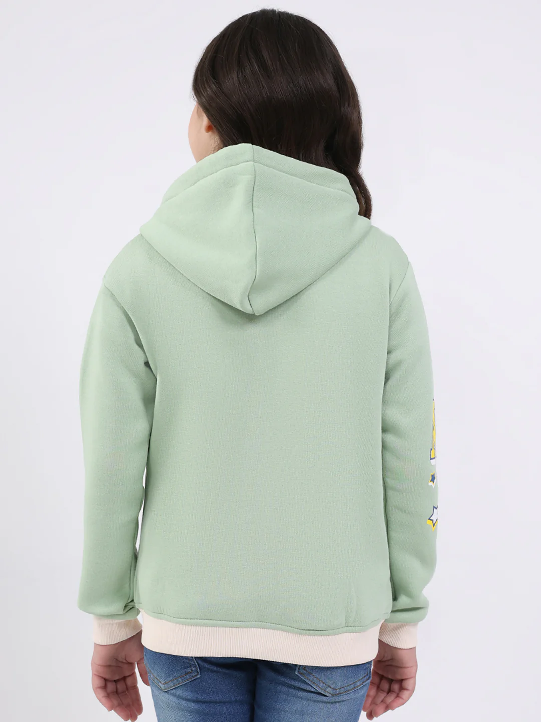 Girls Green Printed Hooded Full Sleeve Sweatshirt - Image 5