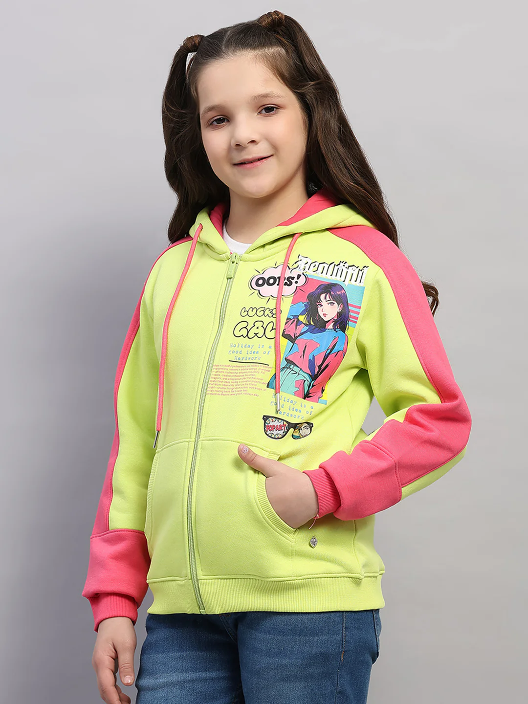Girls Green Printed Hooded Full Sleeve Sweatshirt - Image 3