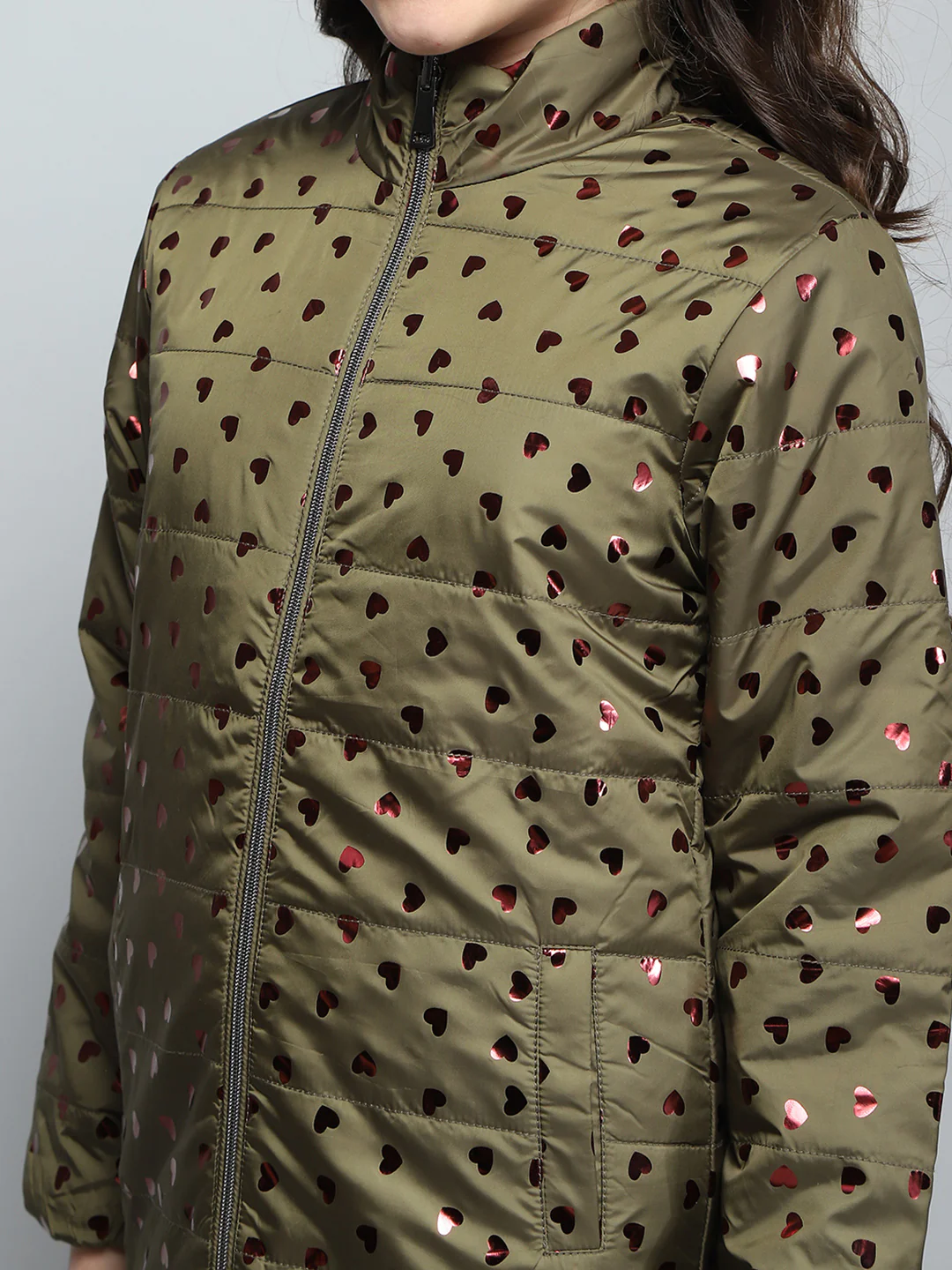 Girls Green Printed Mock Neck Full Sleeve Reversible Jacket - Image 10