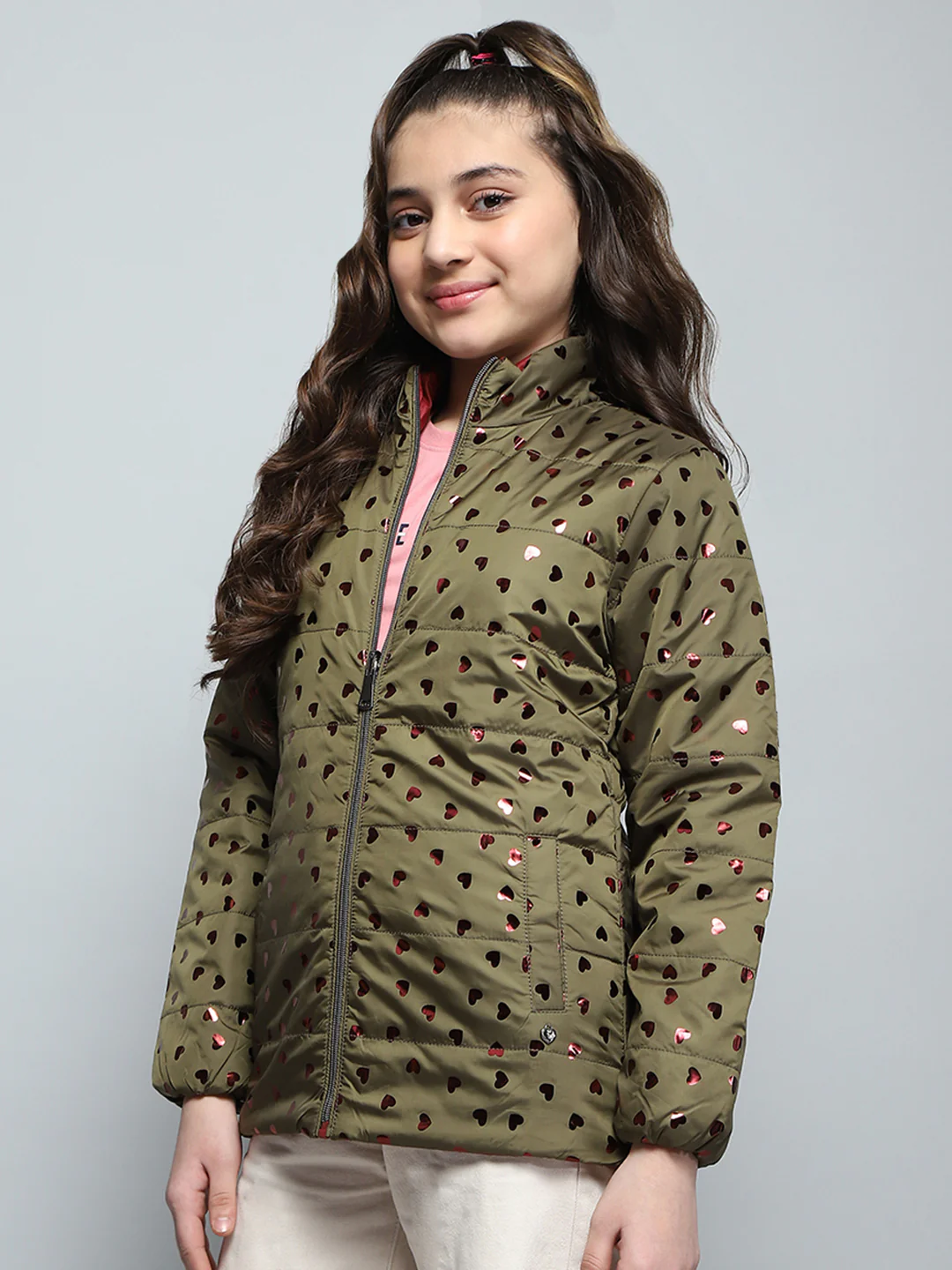 Girls Green Printed Mock Neck Full Sleeve Reversible Jacket - Image 3