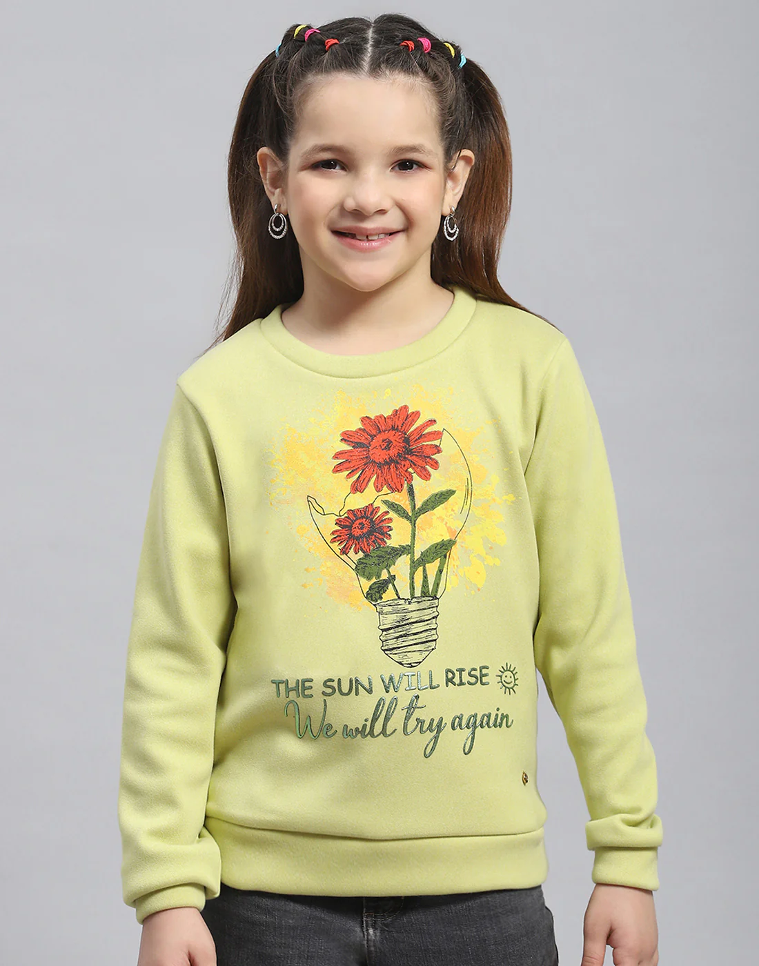 Girls Green Printed Round Neck Full Sleeve Sweatshirt - Image 2