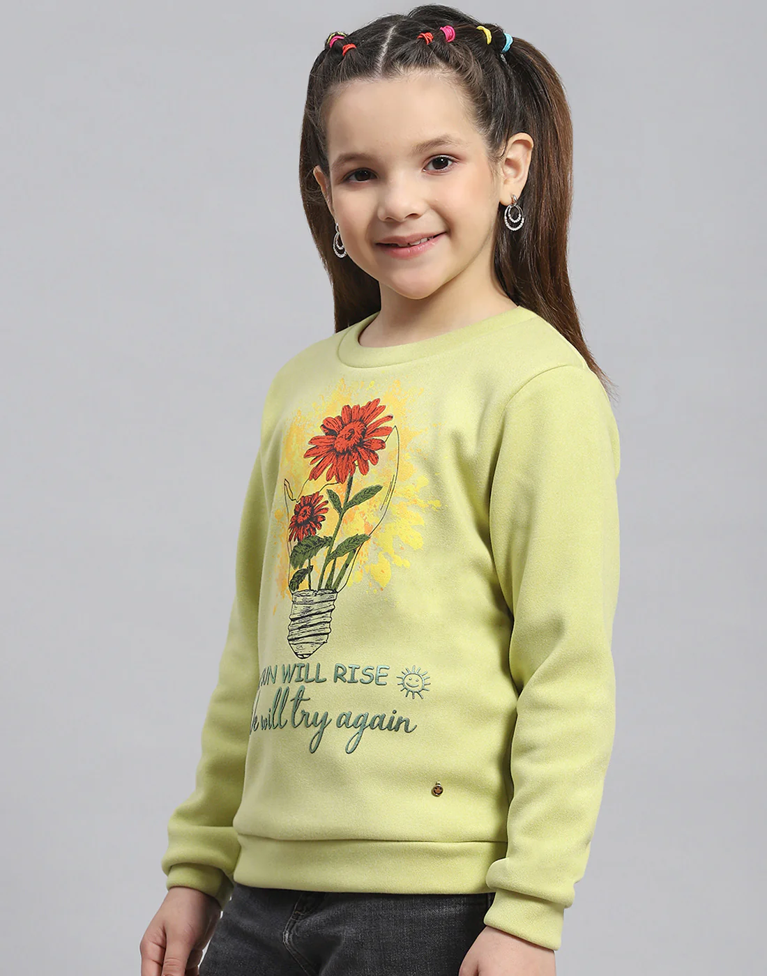 Girls Green Printed Round Neck Full Sleeve Sweatshirt - Image 3
