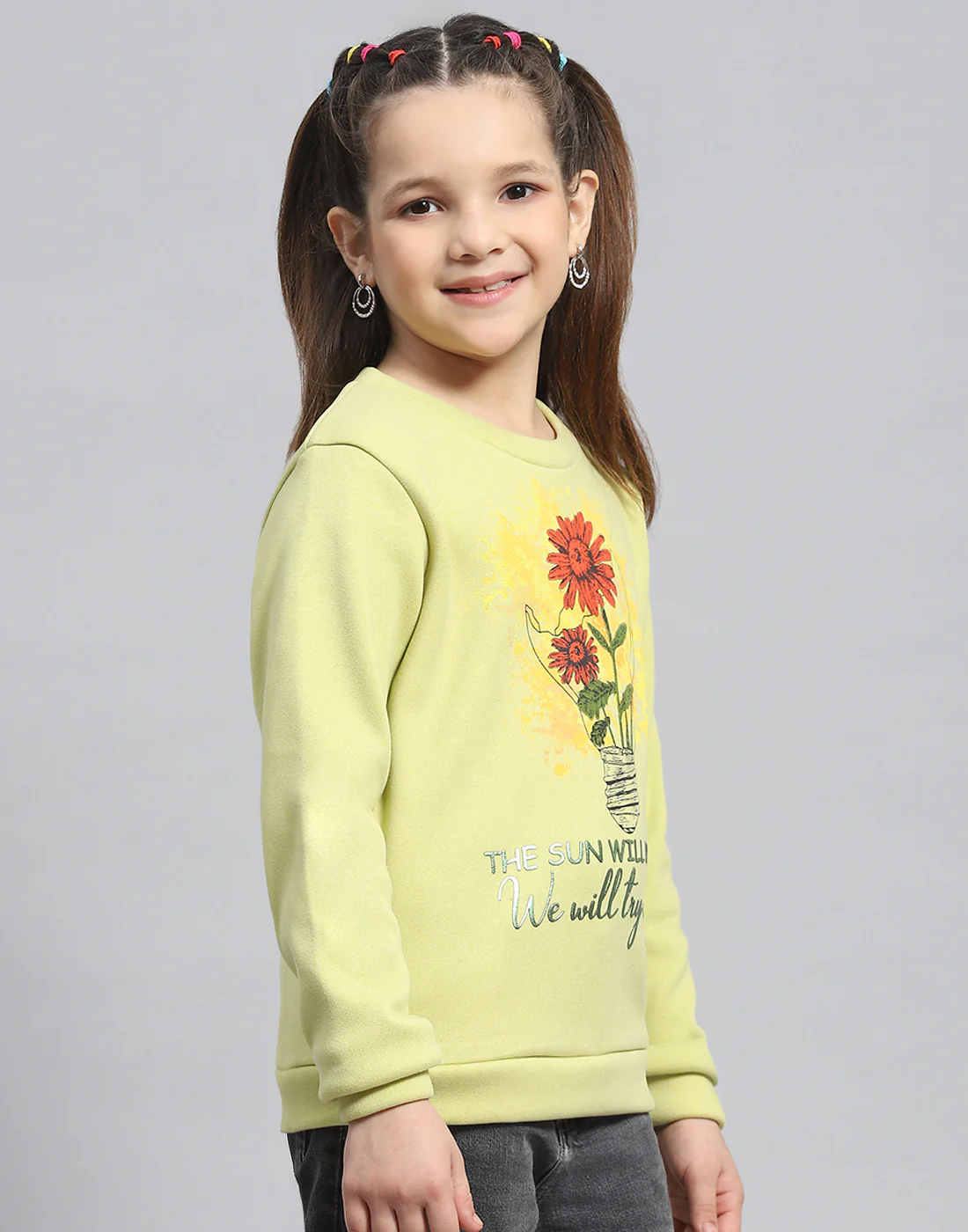 Girls Green Printed Round Neck Full Sleeve Sweatshirt - Image 4