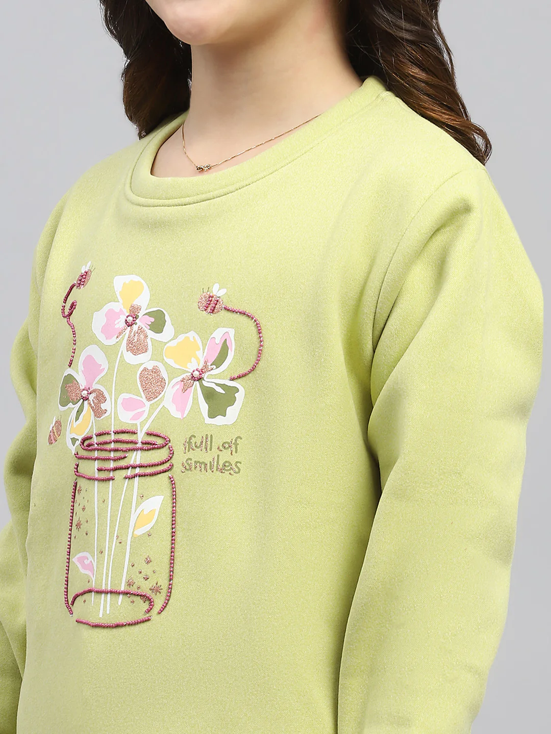 Girls Green Printed Round Neck Full Sleeve Sweatshirt - Image 7