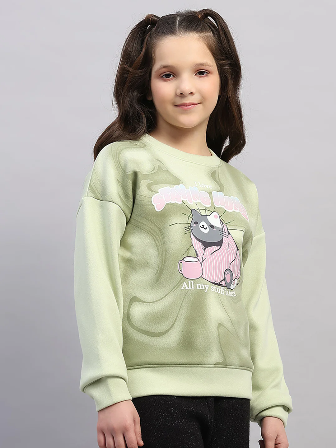 Girls Green Printed Round Neck Full Sleeve Sweatshirt - Image 4