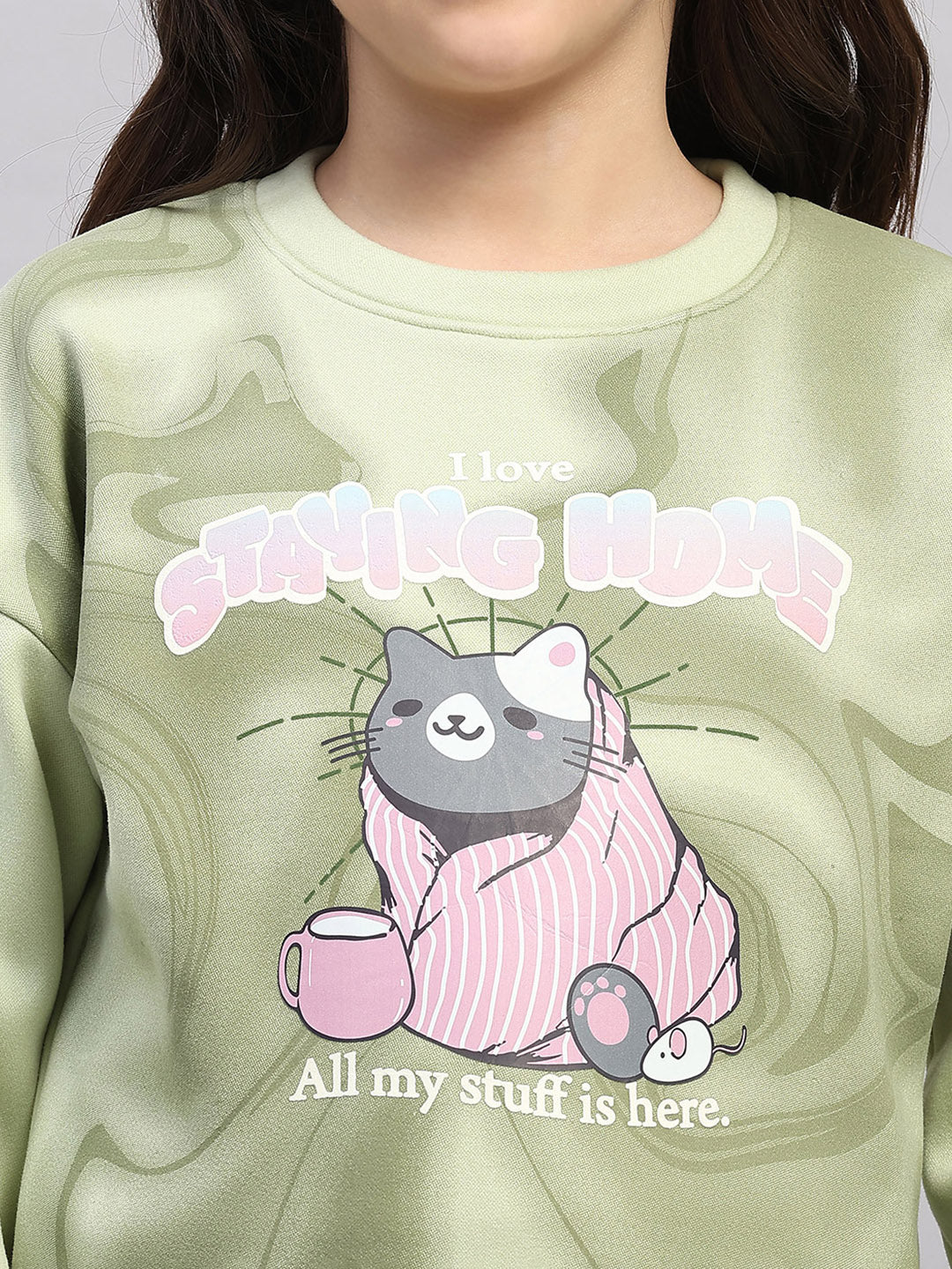 Girls Green Printed Round Neck Full Sleeve Sweatshirt - Image 6