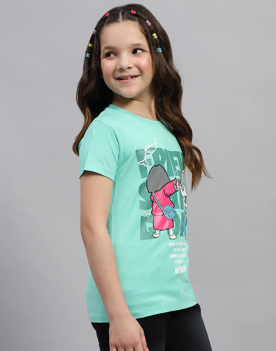 Girls Green Printed Round Neck Half Sleeve Top - Image 4