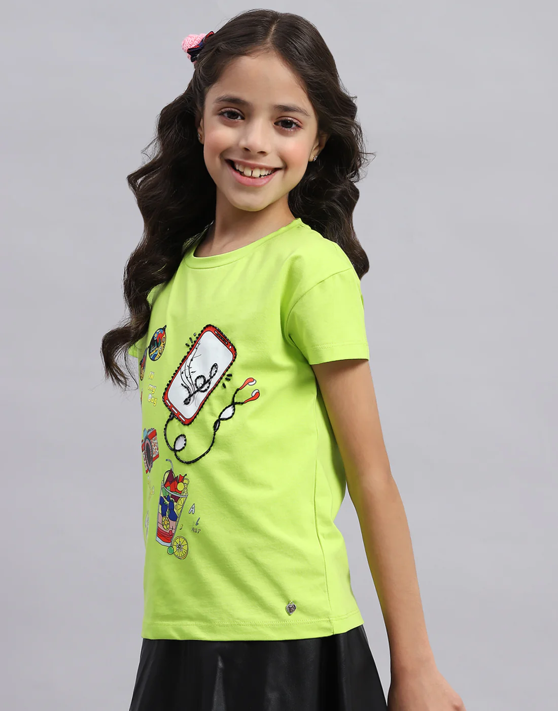 Girls Green Printed Round Neck Half Sleeve Top - Image 3