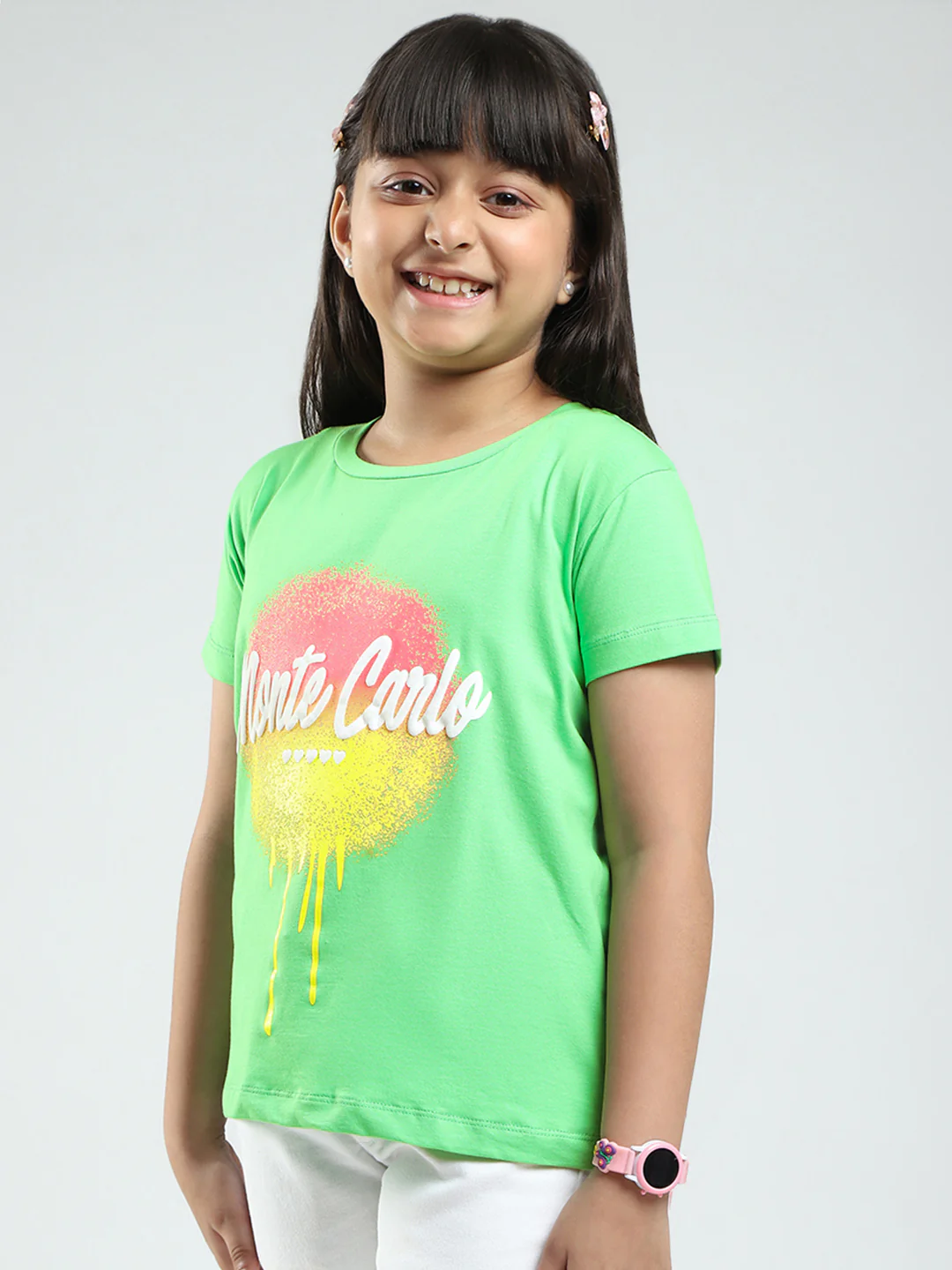Girls Green Printed Round Neck Half Sleeve Top - Image 3