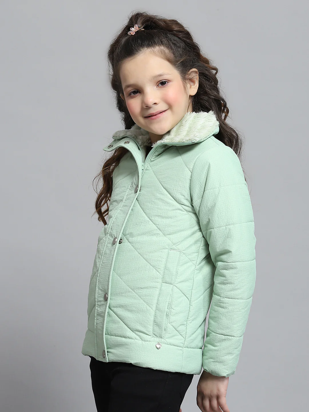 Girls Green Self Design Collar Full Sleeve Jacket - Image 3