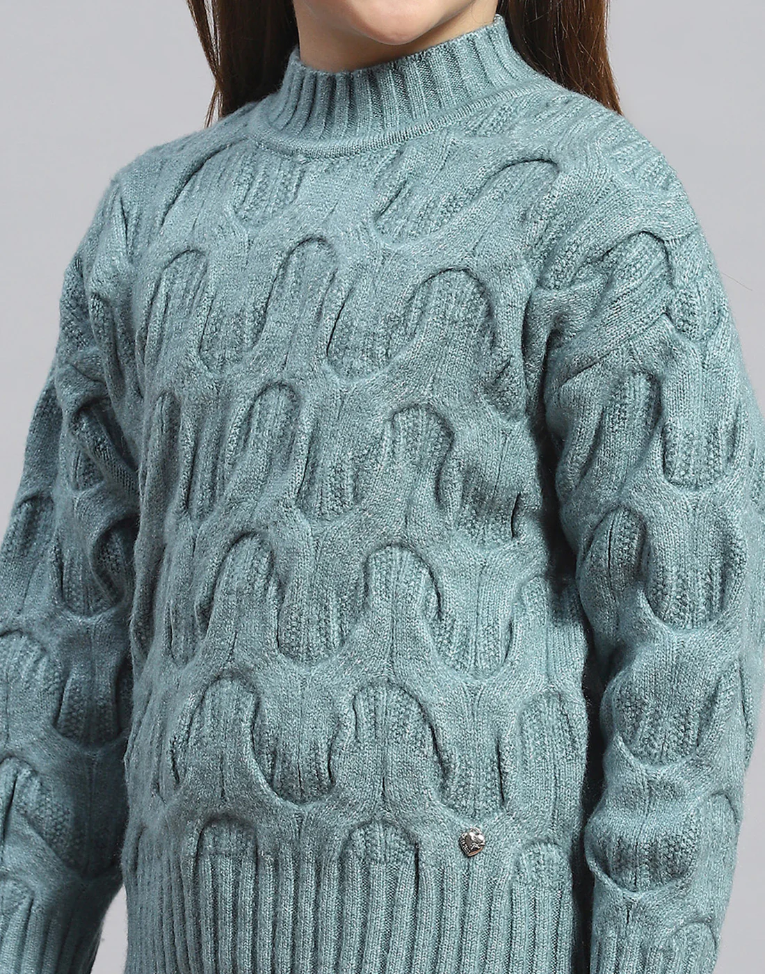 Girls Green Self Design T Neck Full Sleeve Sweater - Image 7