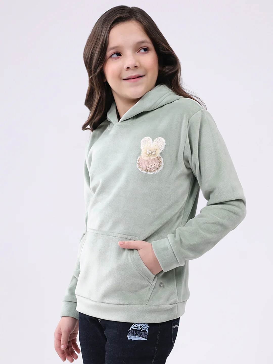 Girls Green Solid Hooded Full Sleeve Sweatshirt - Image 3