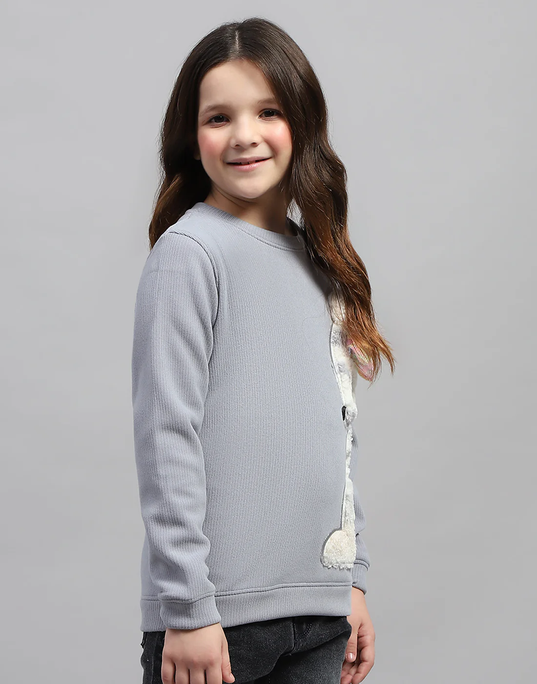 Girls Grey Self Design Round Neck Full Sleeve Sweatshirt - Image 4