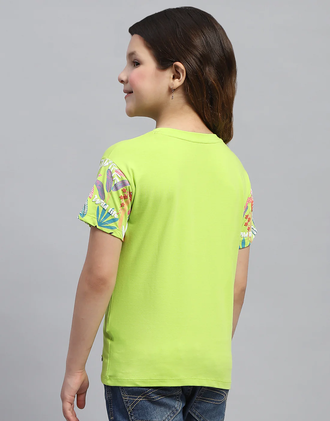 Girls Lime Green Printed Round Neck Half Sleeve Top - Image 5
