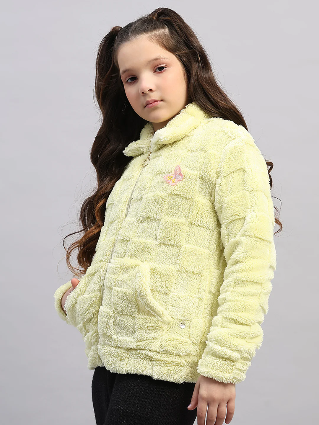 Girls Lime Green Self Design Collar Full Sleeve Sweatshirt - Image 3