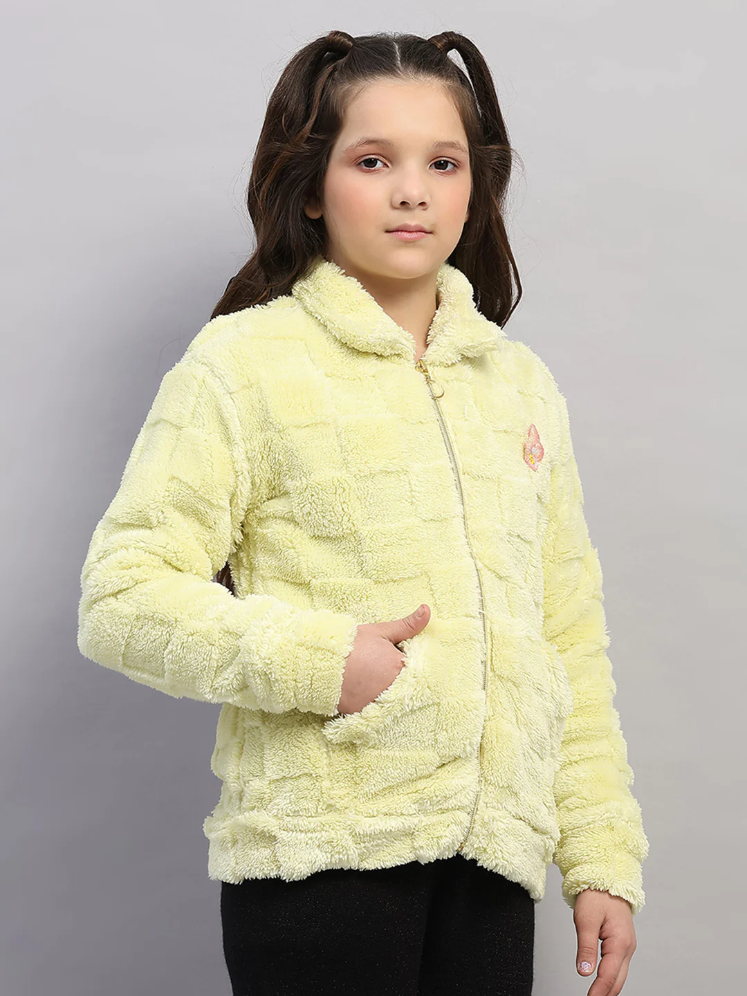 Girls Lime Green Self Design Collar Full Sleeve Sweatshirt - Image 4