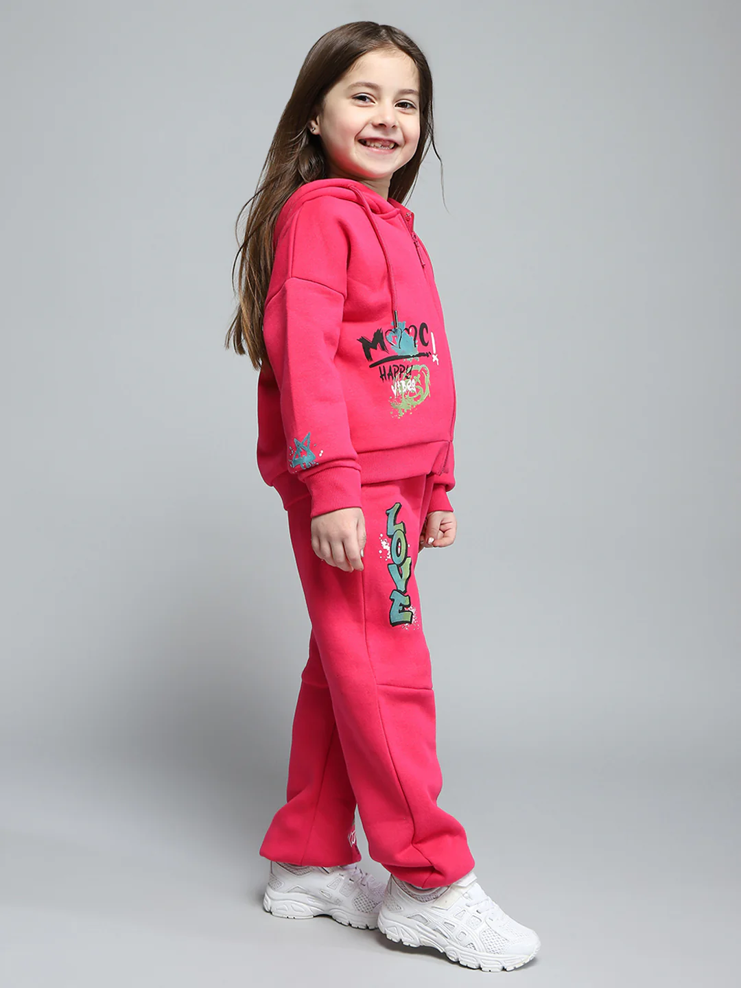 Girls Magenta Printed Hooded Full Sleeve Tracksuit - Image 4