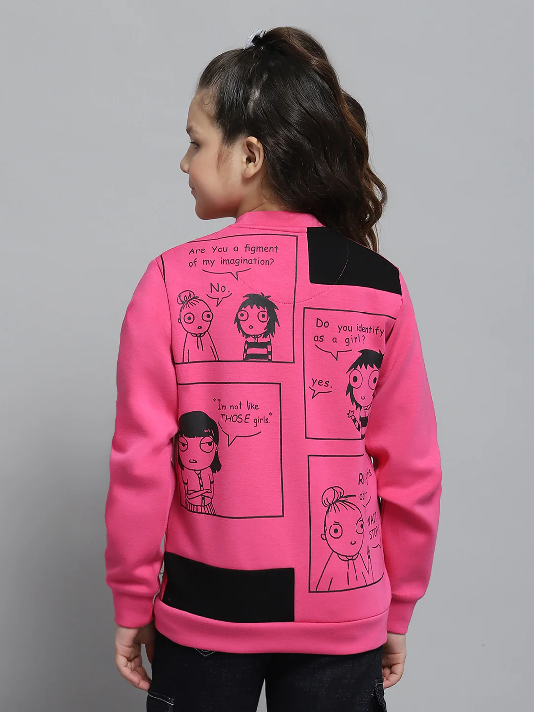 Girls Magenta Printed Round Neck Full Sleeve Sweatshirt - Image 5