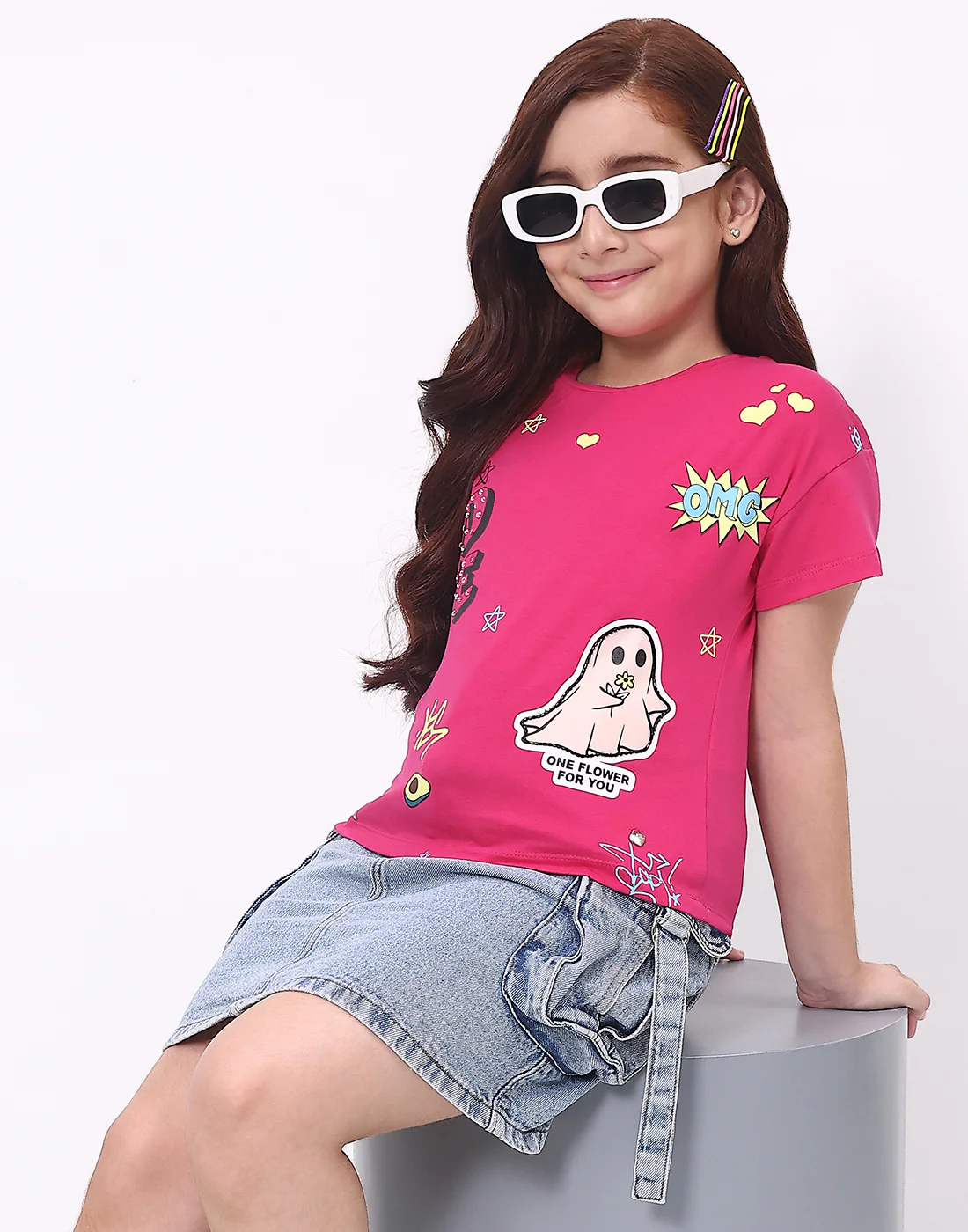 Girls Magenta Printed Round Neck Half Sleeve Top - Image 6