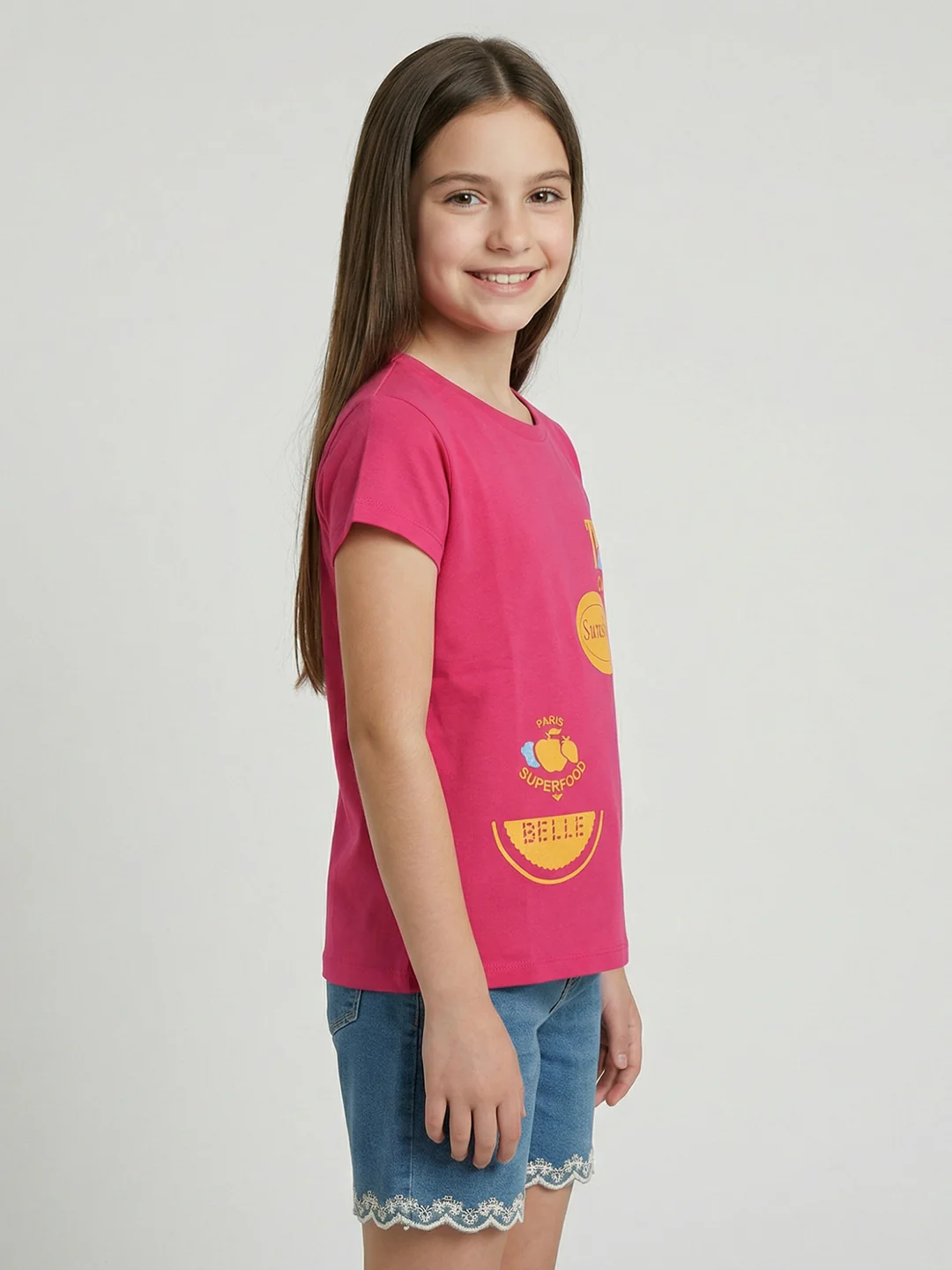 Girls Magenta Printed Round Neck Half Sleeve Top - Image 3
