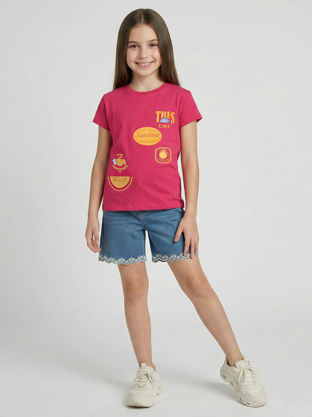 Girls Magenta Printed Round Neck Half Sleeve Top - Image 5