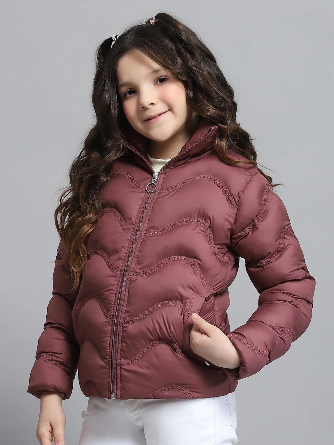 Girls Maroon Self Design Collar Full Sleeve Jacket - Image 3