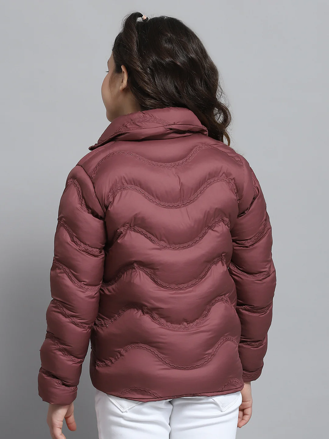 Girls Maroon Self Design Collar Full Sleeve Jacket - Image 5