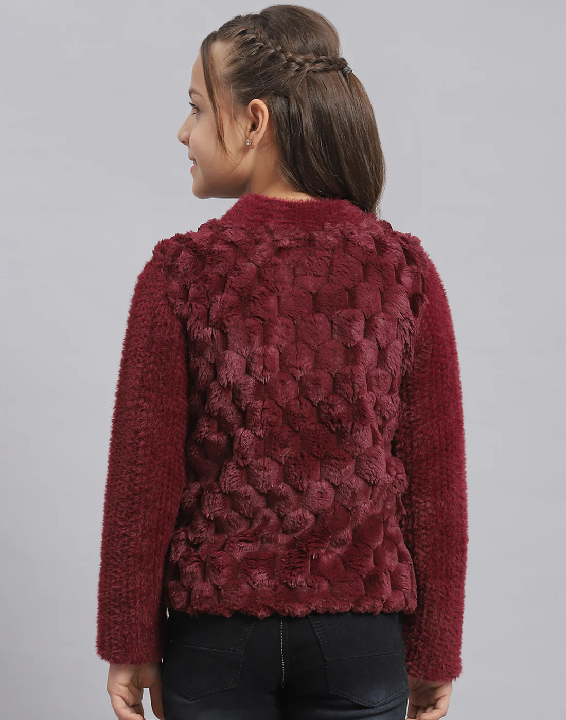 Girls Maroon Self Design Round Neck Full Sleeve Sweatshirt - Image 5
