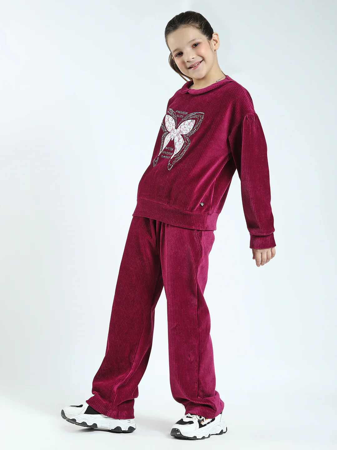 Girls Maroon Self Design Round Neck Full Sleeve Cords Set - Image 3