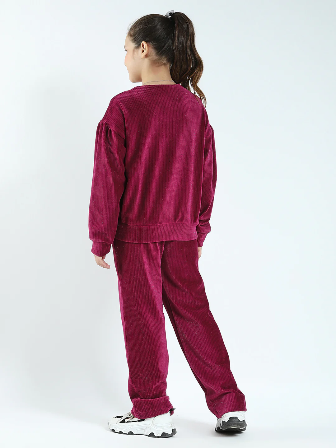 Girls Maroon Self Design Round Neck Full Sleeve Cords Set - Image 5