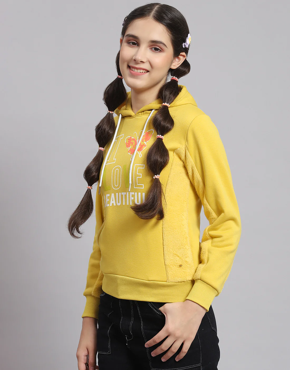 Girls Mustard Printed Hooded Full Sleeve Sweatshirt - Image 4