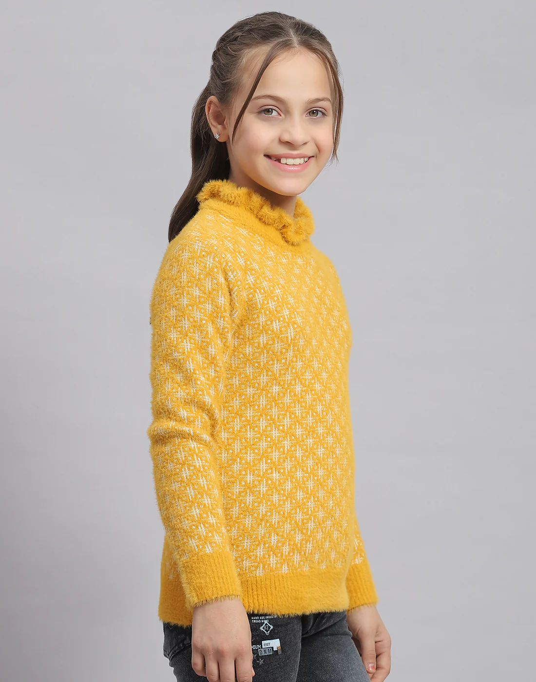Girls Mustard Self Design F Neck Full Sleeve Sweater - Image 4