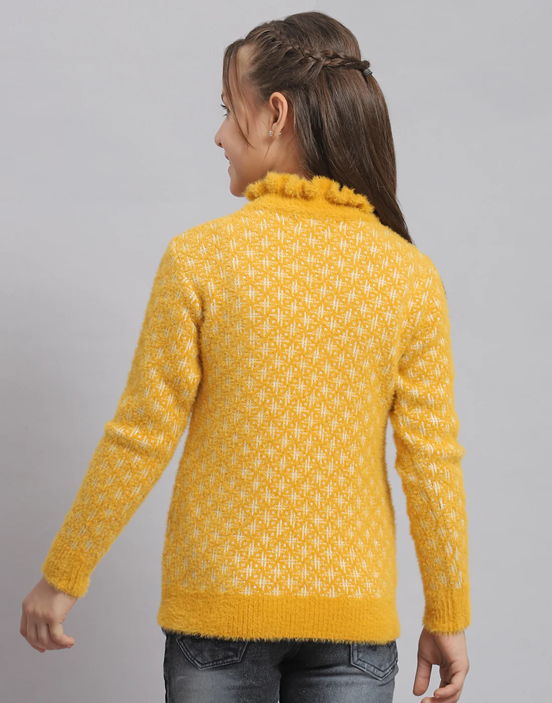 Girls Mustard Self Design F Neck Full Sleeve Sweater - Image 6