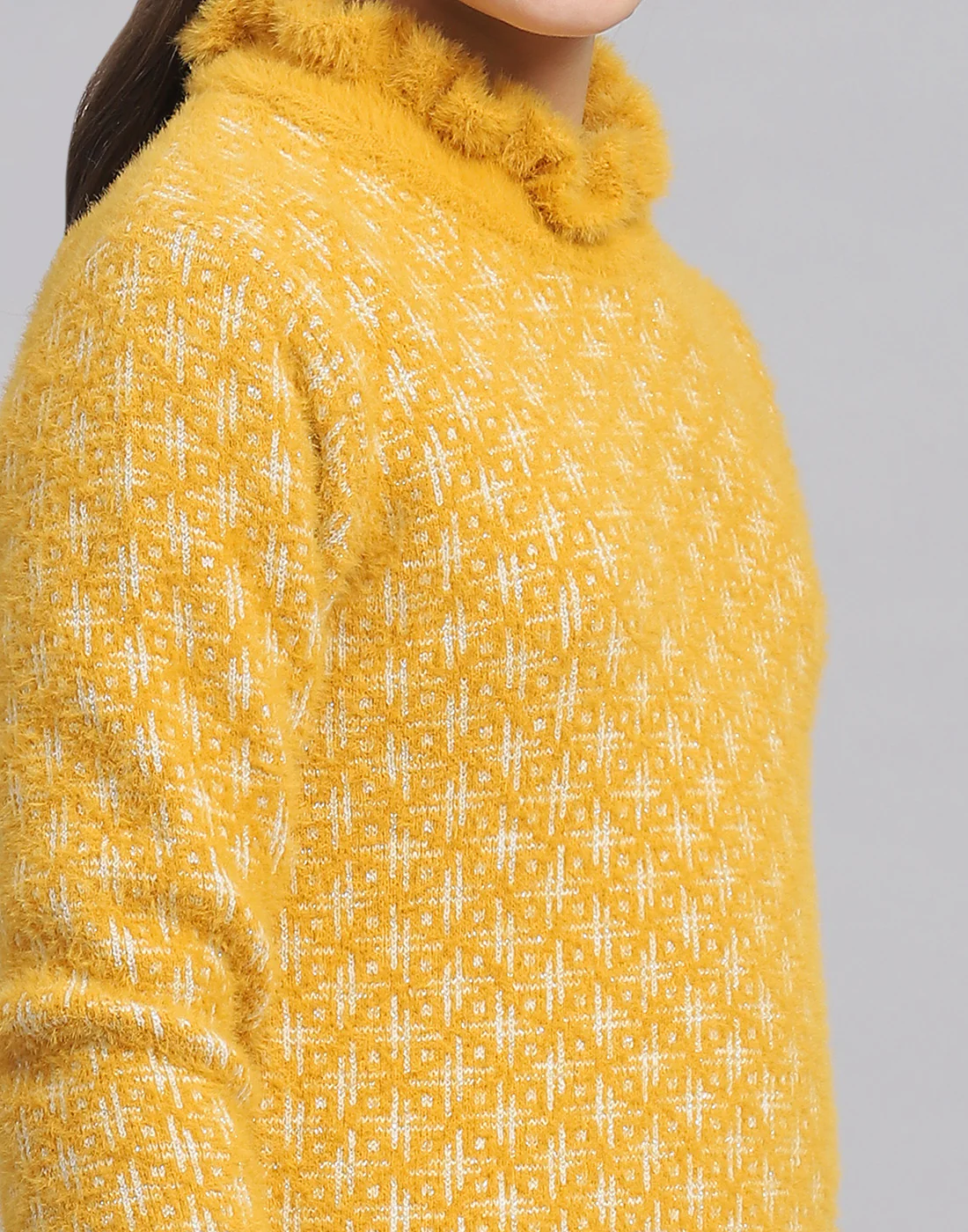Girls Mustard Self Design F Neck Full Sleeve Sweater - Image 7
