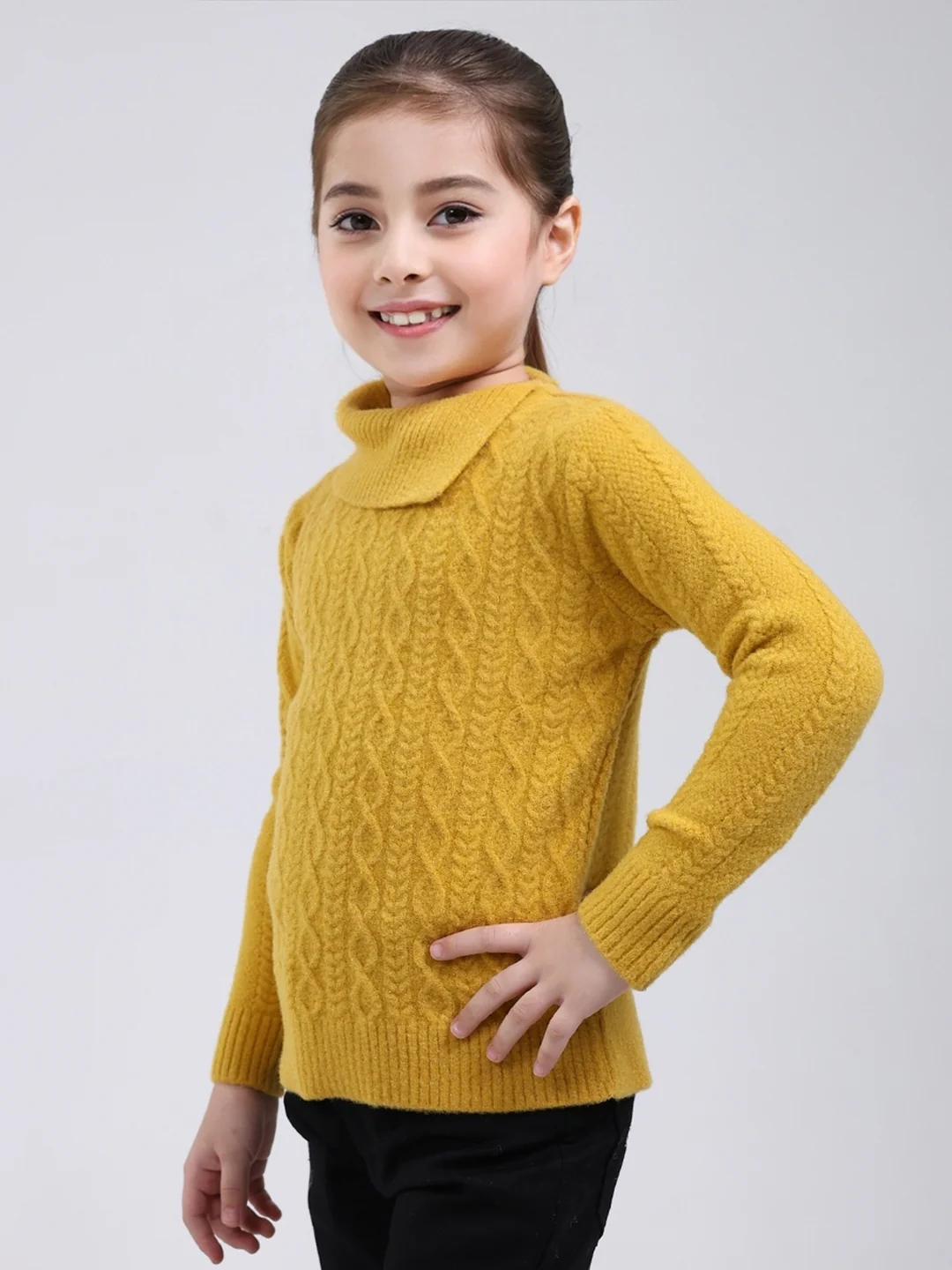 Girls Mustard Self Design Round Neck Full Sleeve Pullover - Image 3
