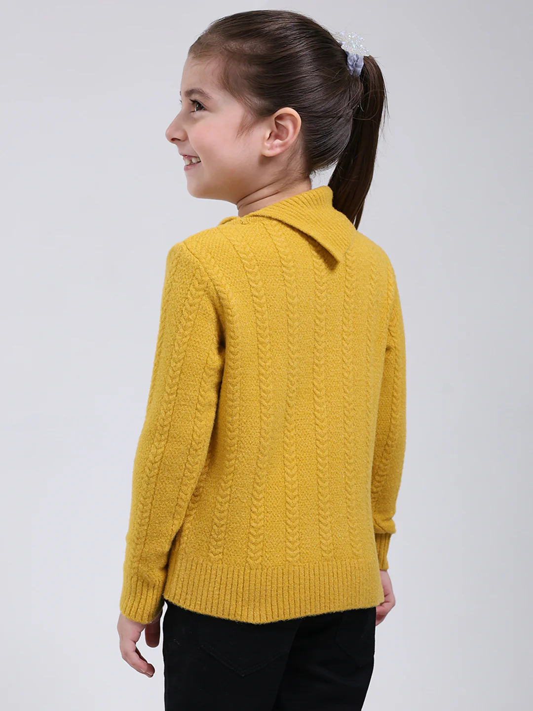 Girls Mustard Self Design Round Neck Full Sleeve Pullover - Image 5