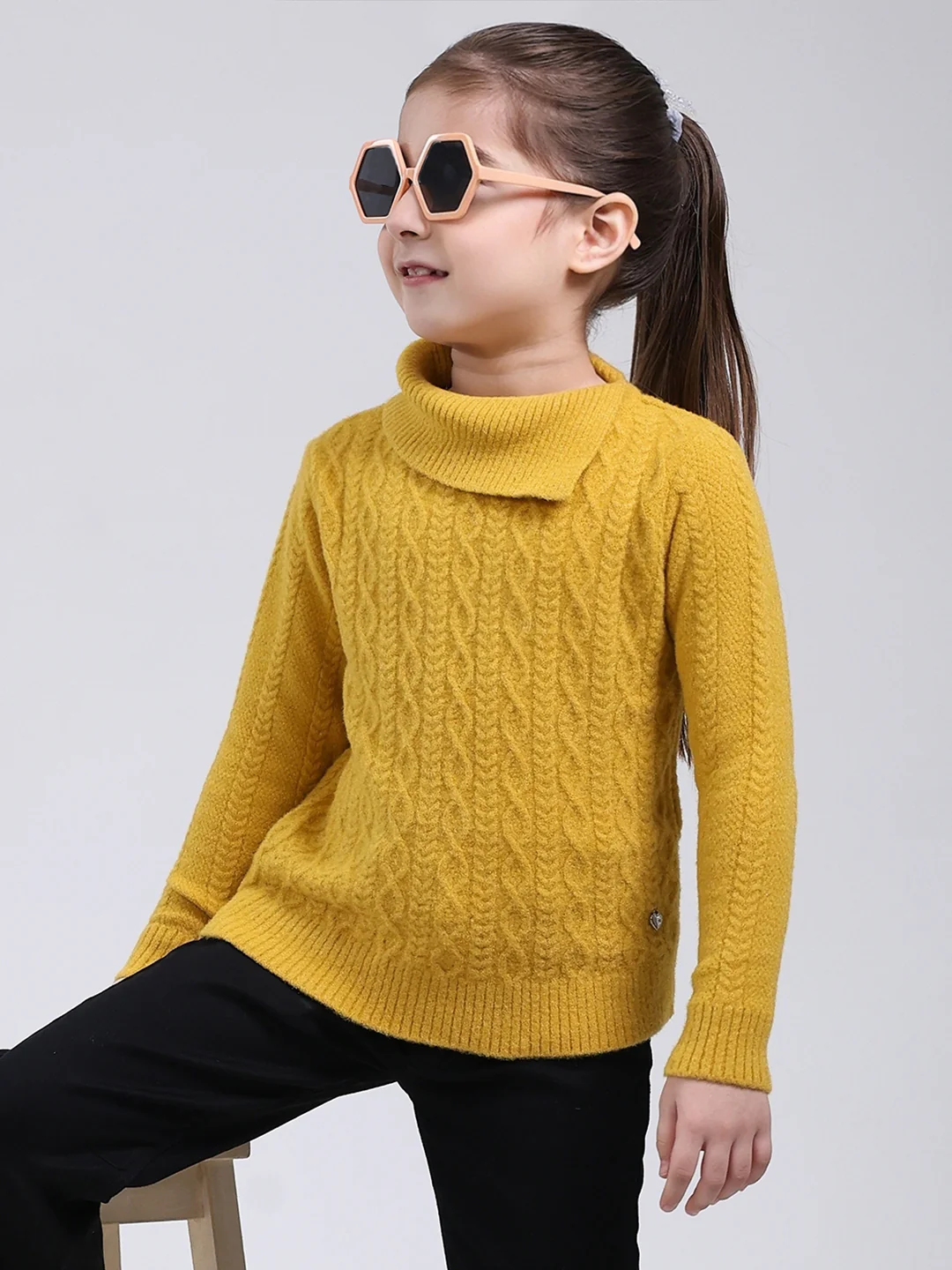 Girls Mustard Self Design Round Neck Full Sleeve Pullover - Image 6